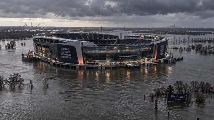 Concept of a new Bear's stadium in Hammond, Indiana during flood warnings in September 2026.